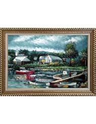 Boats, Canoe Park on Port Large Oil Painting, with Elegant Gold Wood Frame 30x42 Inch