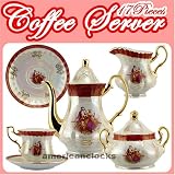 Porcelain China Tea Set Victorian Coffee/Tea Server in Crimson Accent, Irredescent Porcelain