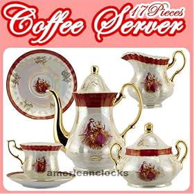 Porcelain China Tea Set Victorian Coffee/Tea Server in Crimson Accent, Irredescent Porcelain