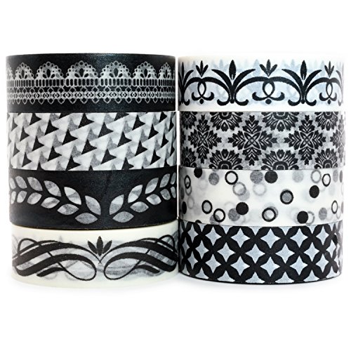 Crafty Rabbit Premium Washi Tape - Black and White - Set of 8 Decorative Paper Masking Tape Rolls