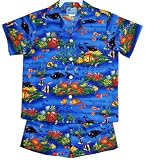 Cabana Set - Boy's Waterworld Hawaiian Aloha Infant Toddler Cotton Royal Blue Shirt & Matching Shorts 2PC Set - 6 Months