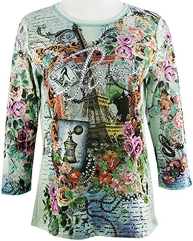 Cactus Fashion - Romantic Paris, 3/4 Slv, Scoop Neck Rhinestone Print Cotton Top