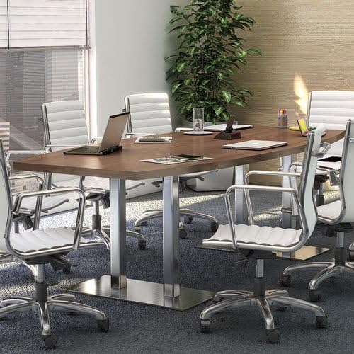 8' - 24' Modern Conference Table with Metal Bases, Boardroom Meeting Room Boat Shaped Office, Optional Power/Data Modules (8' w 1 Silver P/D Module &amp; 1 Wire Cover, White)