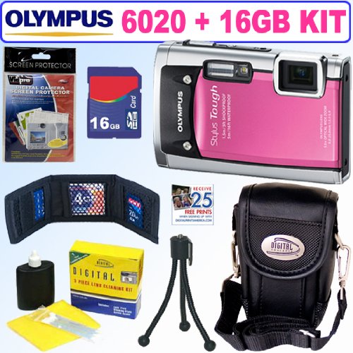 Olympus Stylus Tough 6020 14MP Digital Camera (Pink) + 16GB Accessory Kit