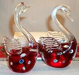 Swan Pair, hand-made artglass figurine, red body, Murano Highlights