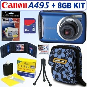 Canon PowerShot A495 10.1 MP Digital Camera (Blue) + 8GB Accessory Kit