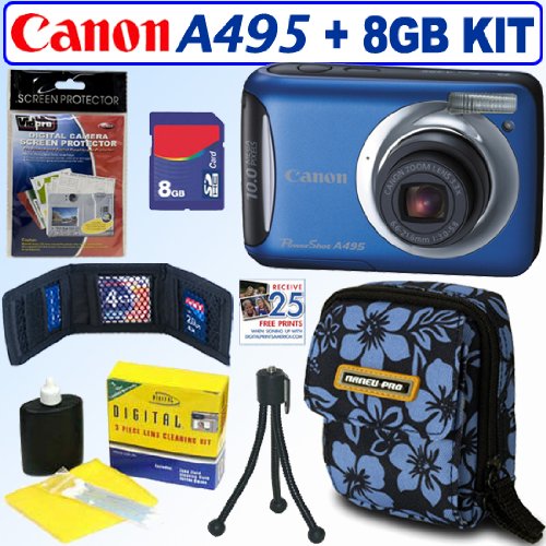 Canon PowerShot A495 10.1 MP Digital Camera Blue + 8GB Accessory Kit.