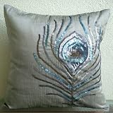 Peacock Feather- 16x16 Inches Throw Pillow Covers - Silk Pillow Cover with Sequin Embroidery