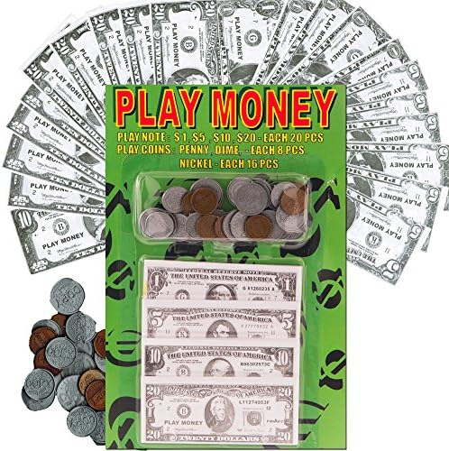 Play Money Set For Kids -- 120 Bills, 52 Coins, Banking Tray