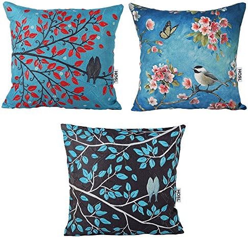 HOSL P75 3-Pack Cotton Linen 17.3" Square Throw Pillow Case Shell Decorative Cushion Cover Pillowcase-Cute Birds Butterfly on Tree, Set of 3(No Pillow)