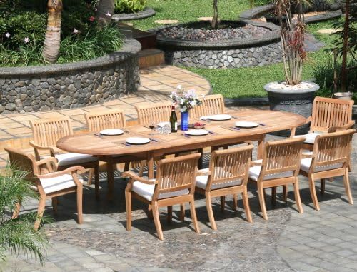WholesaleTeakFurniture Grade-A Teak Wood 10 Seater 11 Pc Dining Set: Large 117" Oval Table and 10 Stacking Arbor Arm Chairs #WFDSABm