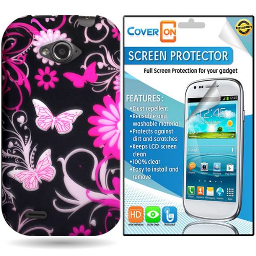 CoverON® ZTE Savvy Hard Plastic Slim Case Cover Bundle with Clear Anti-Glare LCD Screen Protector - Pink Butterfly