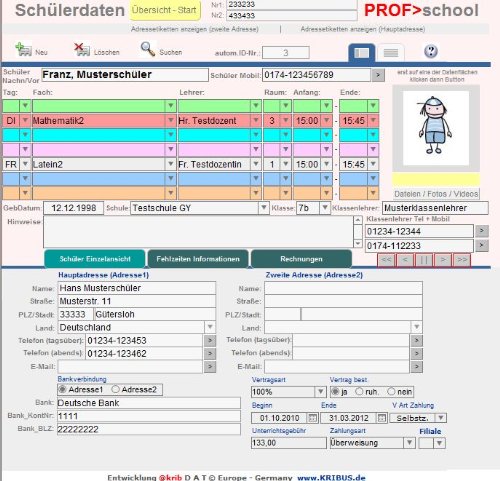 Nachhilfe Software PROF>school 4.0 Verwaltung von Nachhilfeschulen Nachhilfeschüler Nachhilfe-Lehrer Lehrkräfte Eltern Schulfächer Gymnasium Realschule Hauptschulen .. individuelle Fächer Mathematik Englisch Deutsch Französisch u.m. Stundenplan Sprachschule Fremdsprachen individuell Sprachlehrer Sprachschüler Lehrer Schüler Ablauf Planung Stundenplan Organisation Verwaltung Kurse Seminare Programm Fortbildungen Organisation und Führung in Schule und Unterricht CD Vollversion