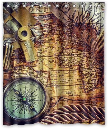 Shower Curtain Waterproof Polyester Fabric with Hooks for Home Decor (66x72inch) Generic Personalized Retro World Map Compass Series Nautical Style Sold By Too Amazing