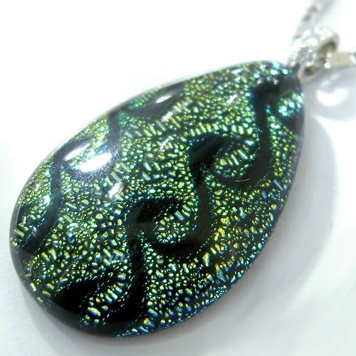 Yellow with Black Waves Teardrop Dichroic Fused Glass Pendant with 18" Necklace G0848