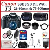 Canon EOS Rebel T3 (1100d) SLR Digital Camera W/tamron 28-80mm & 75-300mm Lens, 3 Extra Lens, Hdmi Cable, 8gb Sdhc Memory Card, Soft Carrying Cases, Hdmi Cable, Tripod & Much More !!