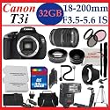 Canon EOS Rebel T3i 18 MP CMOS Digital SLR Camera and DIGIC 4 Imaging With Canon EF-S 18-200mm f/3.5-5.6 IS lens and 32GB + SSE Pro TTL Zoom Shoe Mount Flash + 2 batteries and charger + 2 Lenses + 3pc Filter Kit and Much more