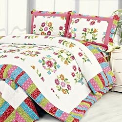 [Zinia] 100% Cotton 3PC Floral Vermicelli-Quilted Patchwork Quilt Set (Full/Queen Size)