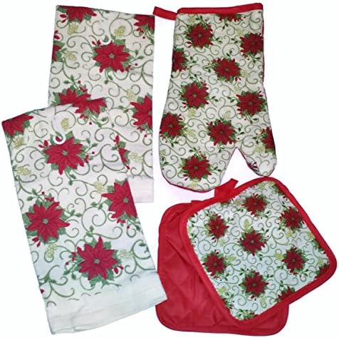 5 Piece Poinsettia Kitchen Towel Set Red with Off White Background