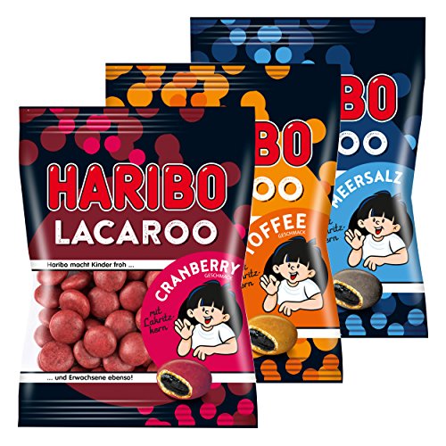 Haribo Lacaroo 3er Set, Cranberry, Meersalz, Toffee, mit Lakritzkern, Gummibärchen, Weingummi, Fruchtgummi, im Beutel
