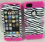 iPhone 5 Case Heavy Duty ishield Hybrid Zebra Snap On+Hot Pink Silicone With Free Pink Touch Pen