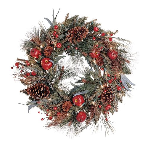 Bethlehem Lighting Pre-Decorated 24-Inch Traditional Fireside Wreath Pre-Lit with 35 Clear Lights
