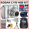 Kodak Easyshare C190 12MP Digital Camera in Silver + 4GB Deluxe Accessory Kit
