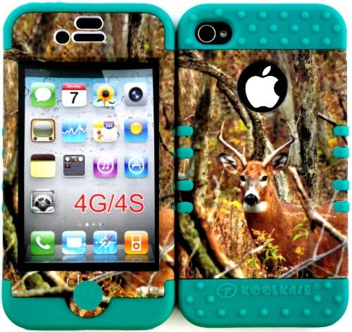Bumper Case for Apple Iphone 4 4s Camo Mossy Real Deer Hunter Series Design Hard Plastic Snap on Over Teal Silicone Gel