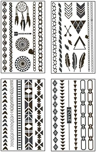 Gold, Silver and Black Metallic Temporary Body Tattoos Set of 4 Sheets