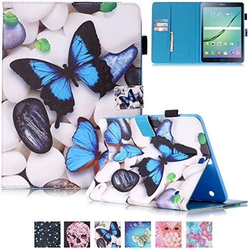 UUcovers for Samsung Galaxy Tab S2 9.7 Case 2015 Model (SM-T810/T815/T813) with pencil holder Pockets [Auto Wake/Sleep] Smart Folio Stand PU Leather Magnetic Wallet Shockproof Cover, Blue Butterfly