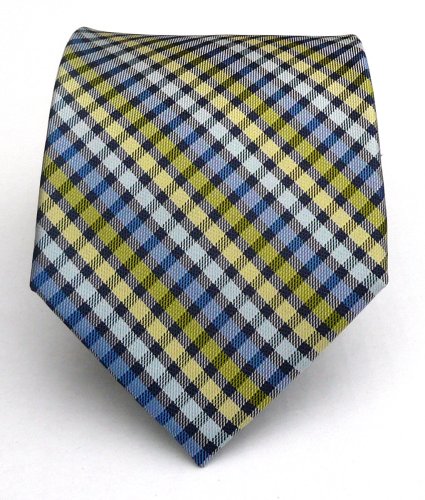 100% Silk Woven Navy and Lime Plaid Extra Long Tie