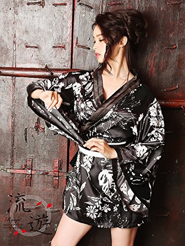 【流遊】花魁キャバドレス!和花柄着物ドレス 尾崎紗代子 着用ドレス【Ryuyu】キャバクラ和柄ミニドレス (Mフリーサイズ)(ブラック)*410101