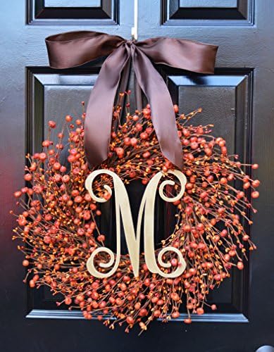 Elegant Holidays Handmade Fall Pumpkin Berry Wreath w/ Monogram &amp; Bow, Decorative Front Door to Welcome Guests-for Outdoor or Indoor Home Wall Accent Décor for Thanksgiving and Halloween- 16-24 inches