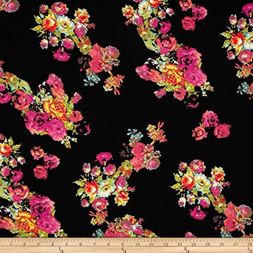 Stretch Ponte de Roma Knit Floral Black/Fuschia Fabric