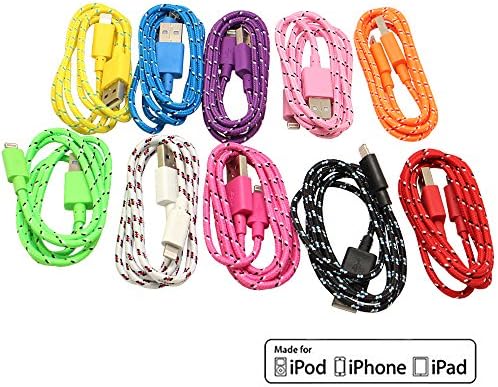 Exotic Life 10pcs/lot 10 Colors Colorful 1m 3 Feet Fabric Braided Flat USB Data Sync Charger Cable Cord for Iphone 6, Iphone 6 Plus,iphone 5, 5c, 5s ,Ipod Touch 5