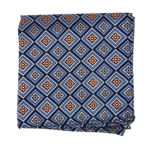 100% Silk Woven Navy and Orange Major Pane Patterned Pocket Square