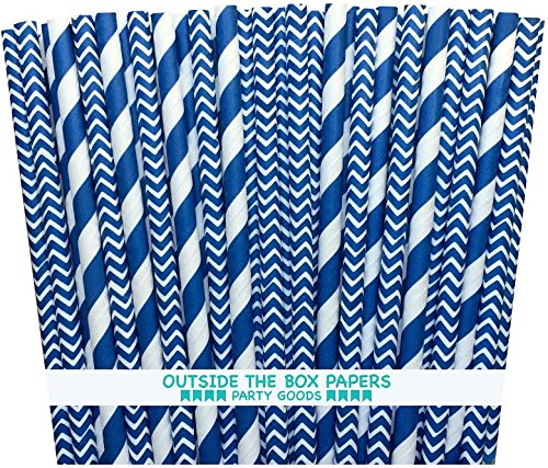 Outside the Box Papers Navy Blue Stripe and Chevron Paper Straws 7.75 Inches 100 Pack Navy Blue, White