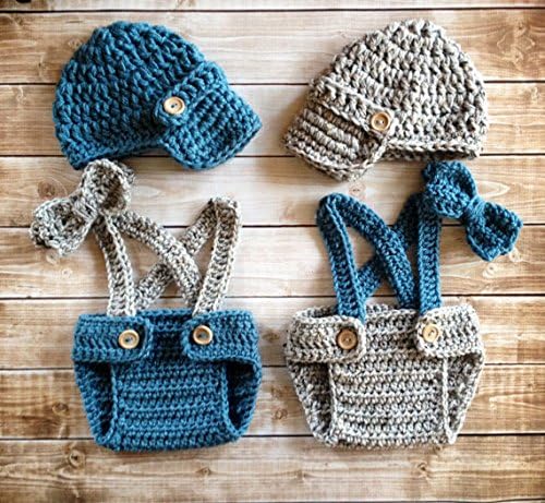 AngelMommyPatten ORIGINAL DESIGNER Handmade Cute Unisex Baby Boy or Girl Vintage Twin Photography Prop Set in Gray and Dusty Blue Available in 3 Sizes- MADE TO ORDER
