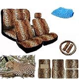 New Premium Grade 16 pieces Brown Leopard Interior Seat Cover set With Front Low Back Seat Covers, Rear Bench Seat Cover 4 Pieces Tan Leopard Floor Mat set WITH FREE Microfiber WASH MITT