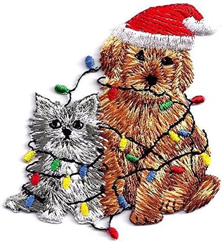 CHRISTMAS-CAT &amp; DOG w/CHRISTMAS LIGHTS/Iron On Applique/Holidays/Animals