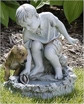 Joseph's Studio Boy With Dog & Sailboat Solar Powered Bird Bath Garden Statue