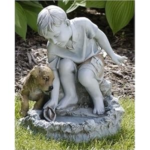 Joseph’s Studio Boy With Dog & Sailboat Solar Powered Bird Bath Garden Statue