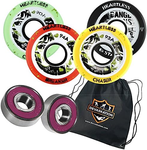 Heartless Quad Speed Skate Roller Derby Wheels, Moto Deluxe Bearings, and Devaskation Drawstring Bag 3PC Bundle