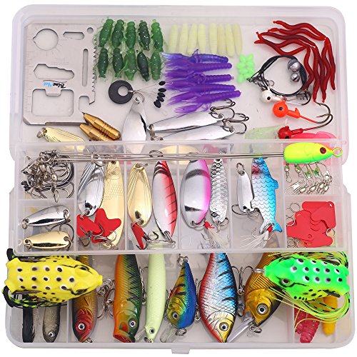 Bluenet Fishing Lure Kit 1 Set 134pcs, Metal Wire Bait Popper VIB Crank Pencil Minnow Lure Soft Lure Frog Hook Plastic Tool Box Set Kit