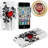myLife (TM) Dark Heart and Flowers Series (2 Piece Snap On) Hardshell Plates Case for the iPhone 4/4S (4G) 4th Generation Touch Phone (Clip Fitted Front and Back Solid Cover Case + Rubberized Tough Armor Skin + Lifetime Warranty + Sealed Inside myLife Authorized Packaging) 