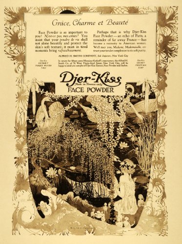 1918 Ad French Djer Kiss Face Powder Art Nouveau Swan - Original Print Ad