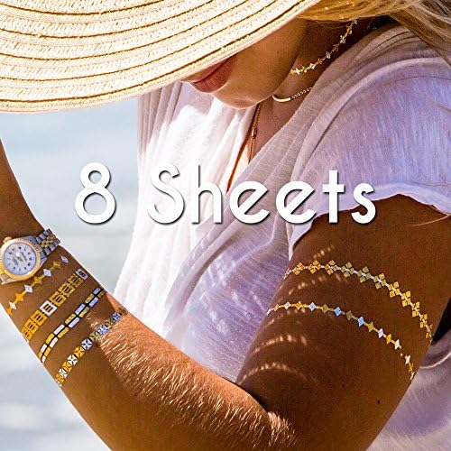 Metallic Tattoos, Flash Tattoos, Gold Tattoos, Silver Tattoos, Temporary Tattoos, Jewelry Tattoos - 8 Sheets