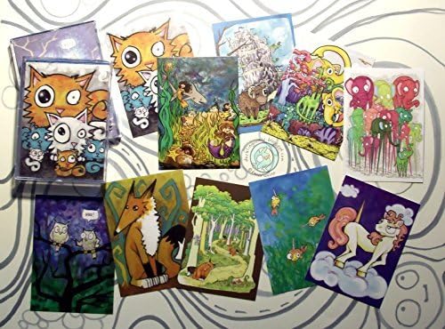 Cartoon ACEO Art Print Collection A set of 10 lowbrow animals fox dinosaur wizard narwhale mermaid elephant owl cat unicorn comic illustration