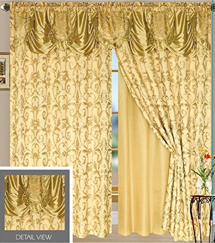 Luxury Jacquard Curtains/Panels/Drapes/Window Set with Attached Valance and Sheer (GOLD)