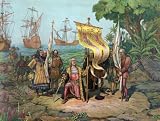 Christopher Columbus kneeling, holding flag and sword with two other men holding flags. There are other men on land and in boats behind Columbus and three ships in background. On the island named San Salvador by Columbus, later called Watling Island - 16x20 Photographic Print from the Library of Congress Collection